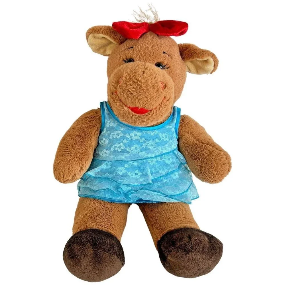 Build a Bear Holly‎ Moose Plush Blue Dress Stuffed Animal Red Bow 16” Brown BABW